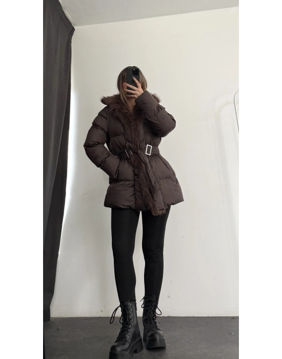 Amor Kürklü Şişme Mont - Kahve