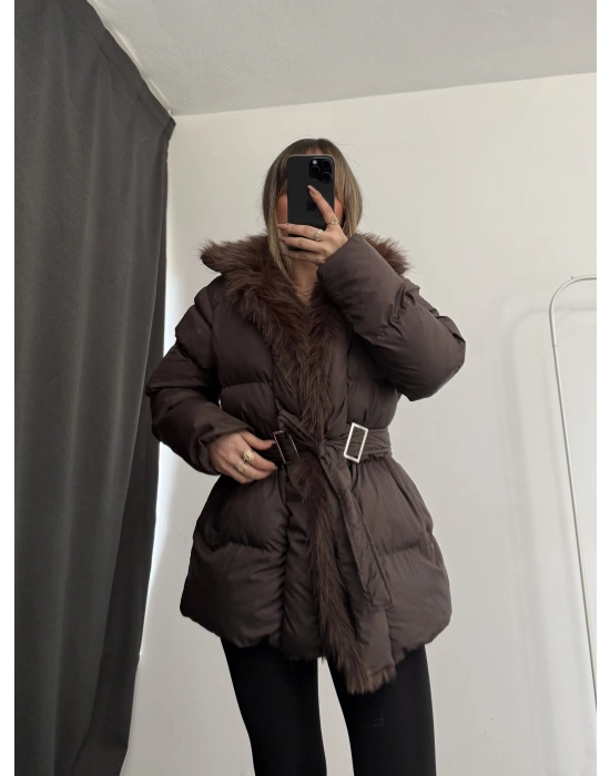 Amor Kürklü Şişme Mont - Kahve