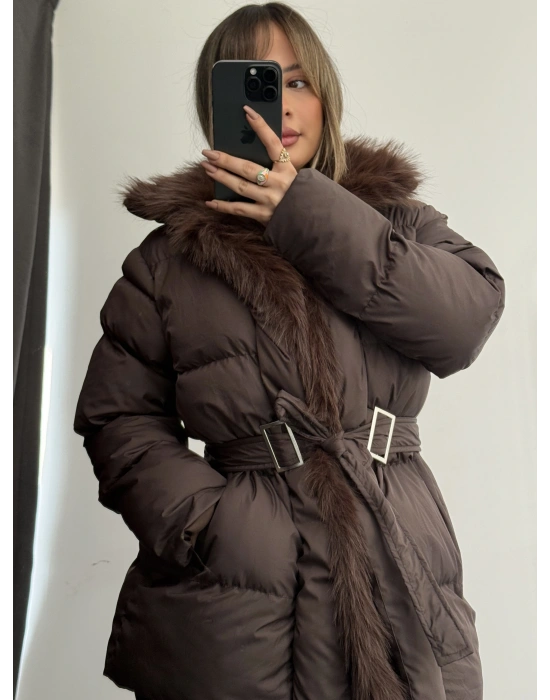 Amor Kürklü Şişme Mont - Kahve