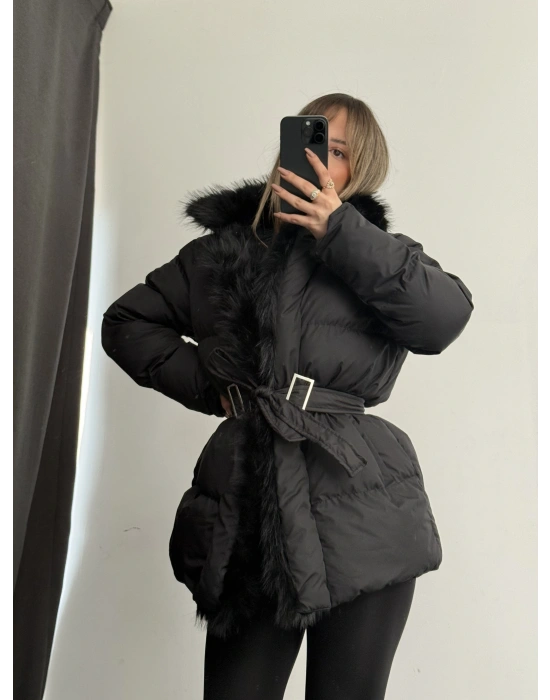 Amor Kürklü Şişme Mont - Siyah