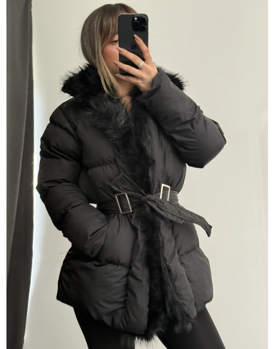 Amor Kürklü Şişme Mont - Siyah