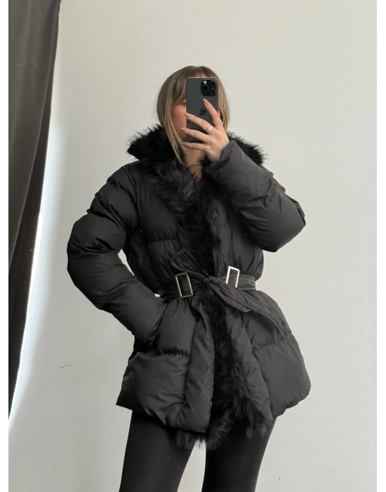 Amor Kürklü Şişme Mont - Siyah