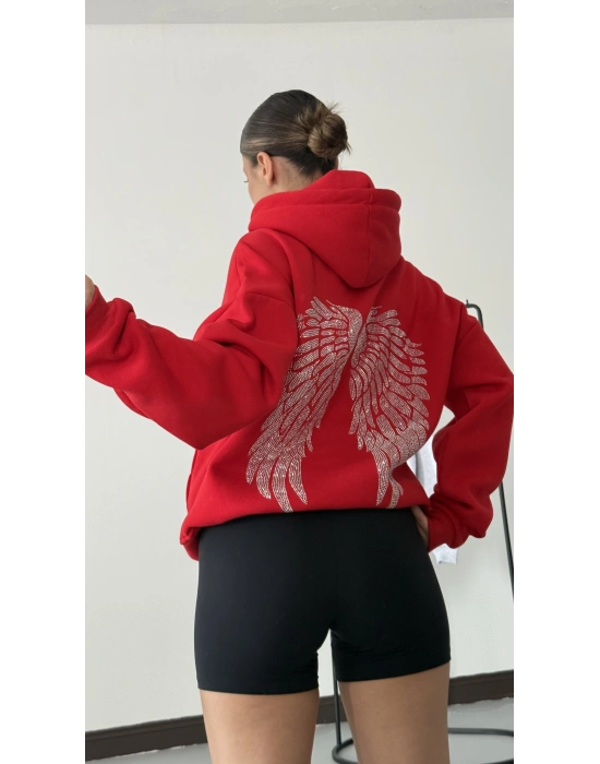 Angel Taşlı Sweatshirt - Kırmızı