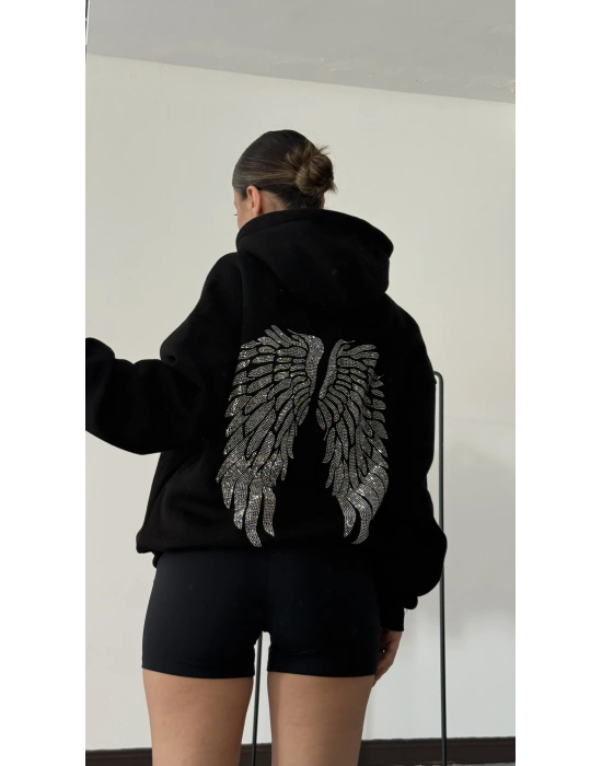 Angel Taşlı Sweatshirt - Siyah