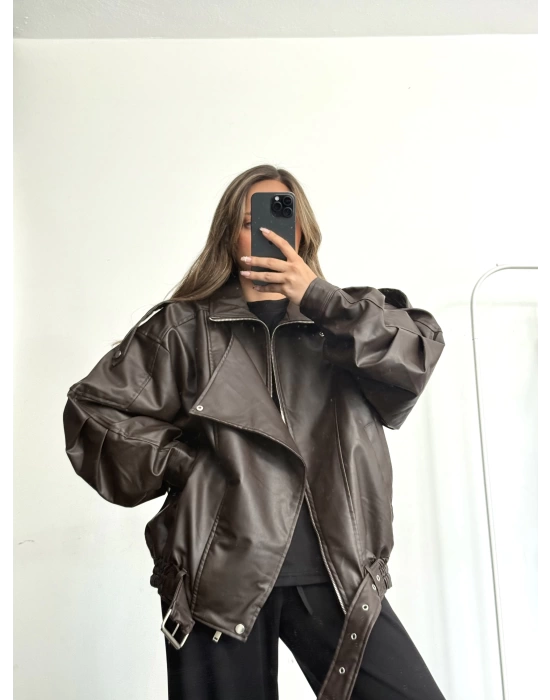 Angela Oversize Deri Ceket - Kahve