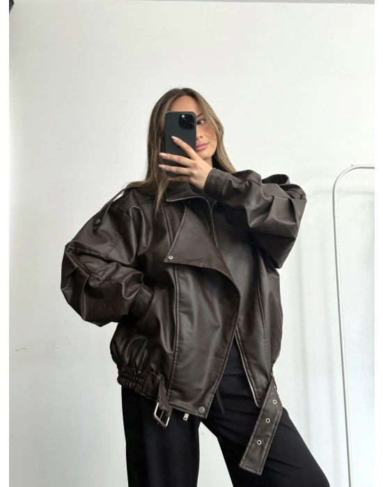 Angela Oversize Deri Ceket - Kahve