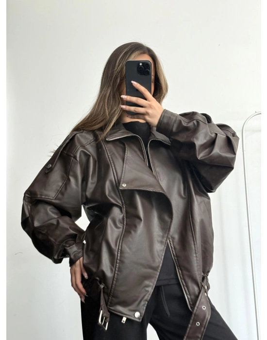 Angela Oversize Deri Ceket - Kahve