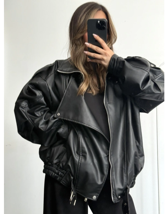 Angela Oversize Deri Ceket - Siyah