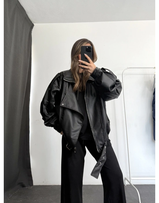 Angela Oversize Deri Ceket - Siyah