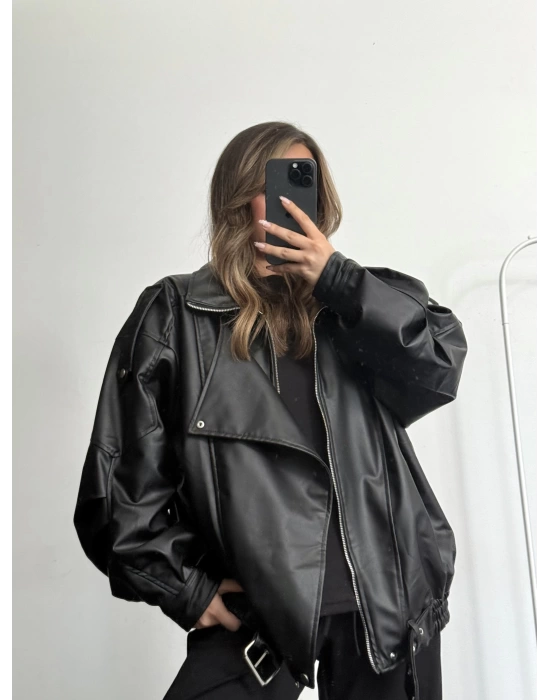 Angela Oversize Deri Ceket - Siyah