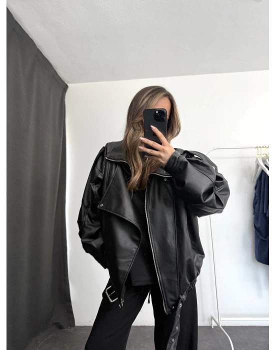 Angela Oversize Deri Ceket - Siyah