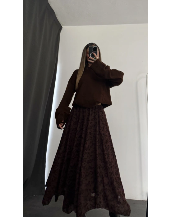 Ashe Desenli Tül Etek - Kahve