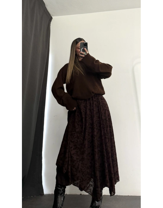 Ashe Desenli Tül Etek - Kahve