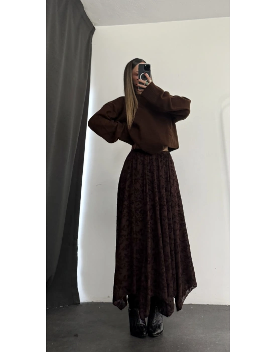 Ashe Desenli Tül Etek - Kahve