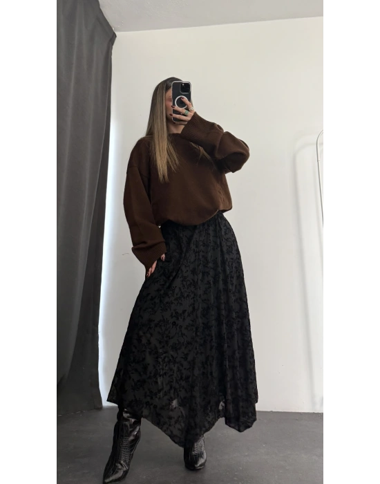 Ashe Desenli Tül Etek - Siyah