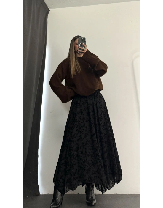 Ashe Desenli Tül Etek - Siyah