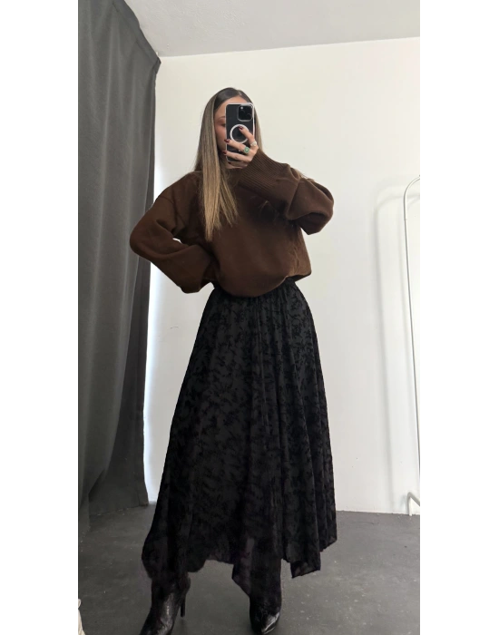 Ashe Desenli Tül Etek - Siyah