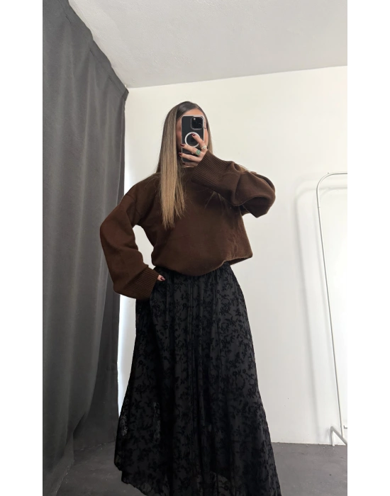 Ashe Desenli Tül Etek - Siyah