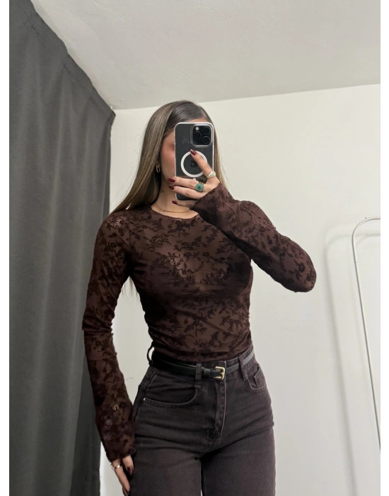 Ashe Transparan Tül Bluz - Kahve