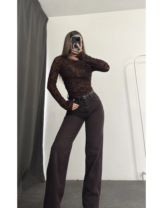 Ashe Transparan Tül Bluz - Kahve