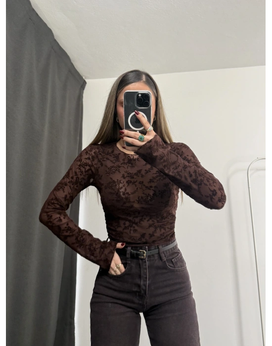 Ashe Transparan Tül Bluz - Kahve