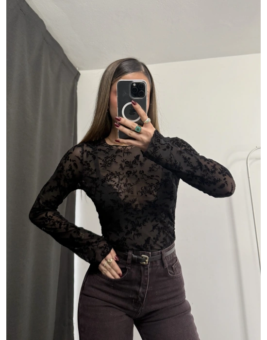 Ashe Transparan Tül Bluz - Siyah