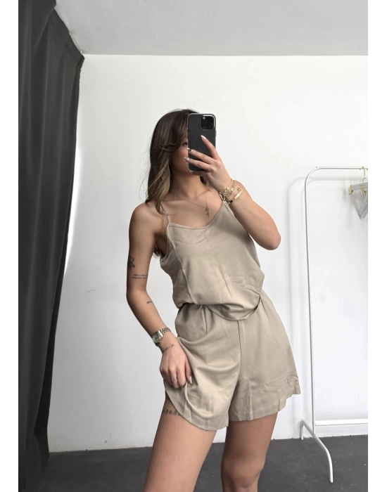 Askılı Şortlu Takım - Bej