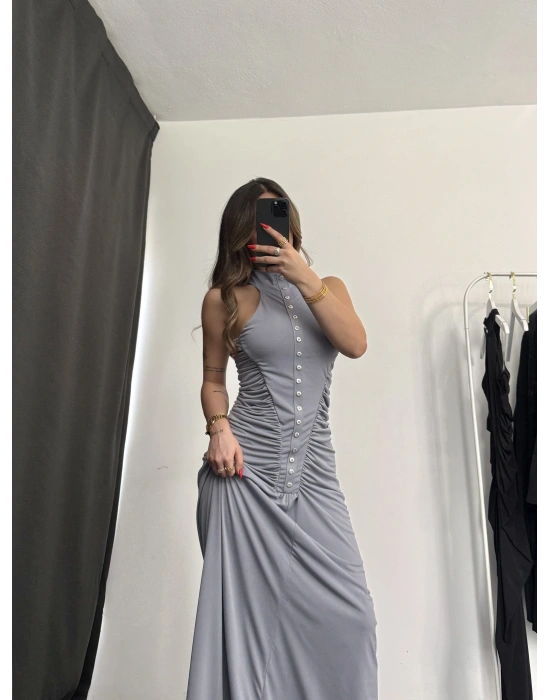 Atina Düğme Detay Elbise - Gri