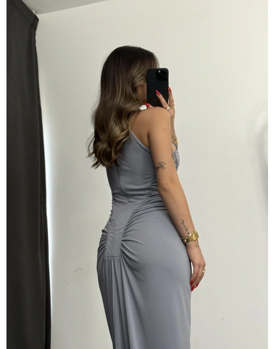 Atina Düğme Detay Elbise - Gri