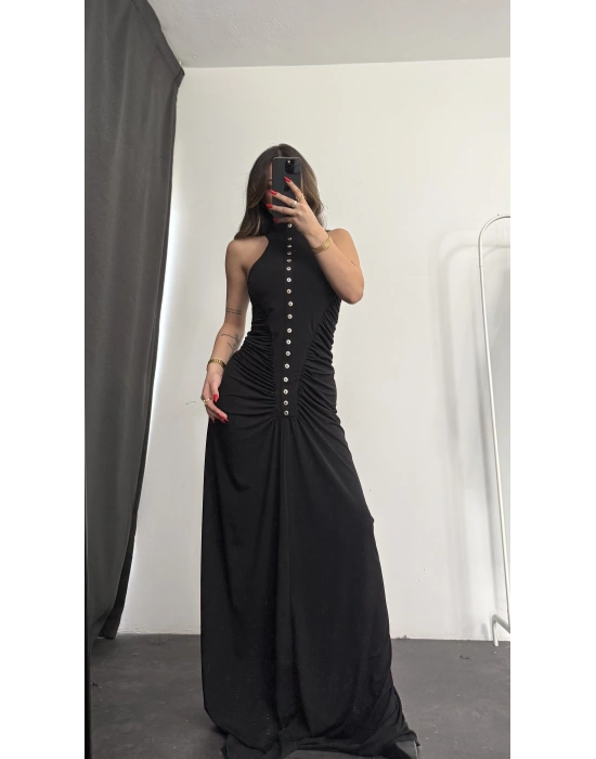 Atina Düğme Detay Elbise - Siyah