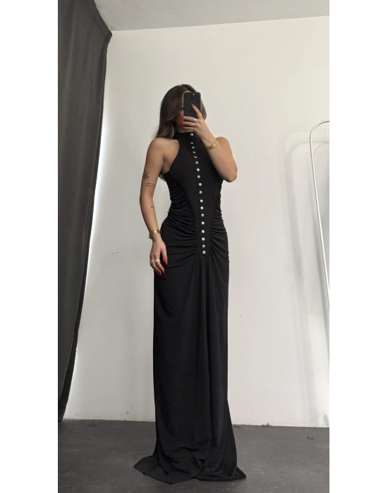 Atina Düğme Detay Elbise - Siyah