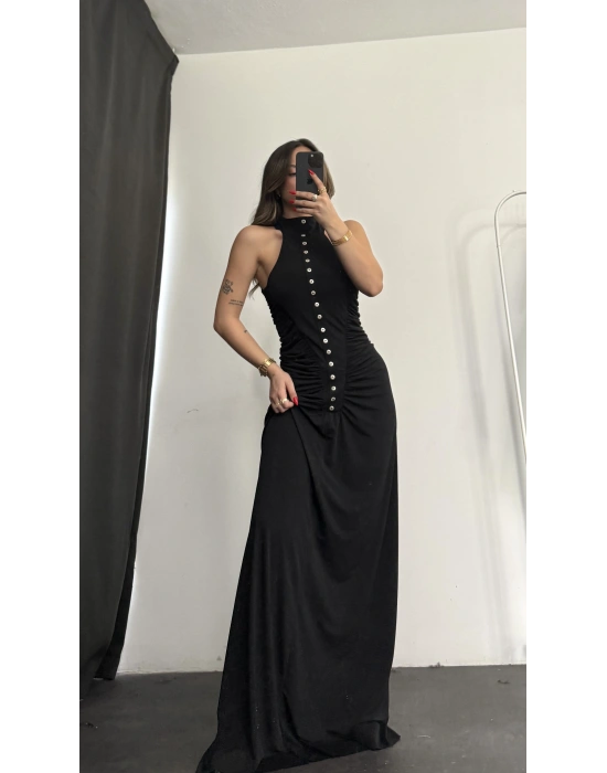 Atina Düğme Detay Elbise - Siyah