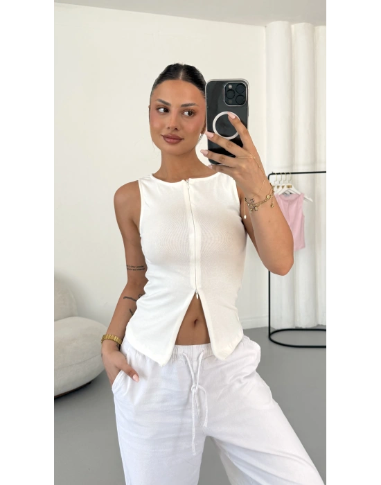 Avice Fermuarlı Crop - Beyaz