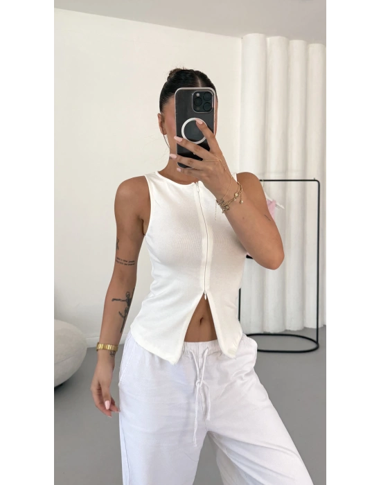 Avice Fermuarlı Crop - Beyaz