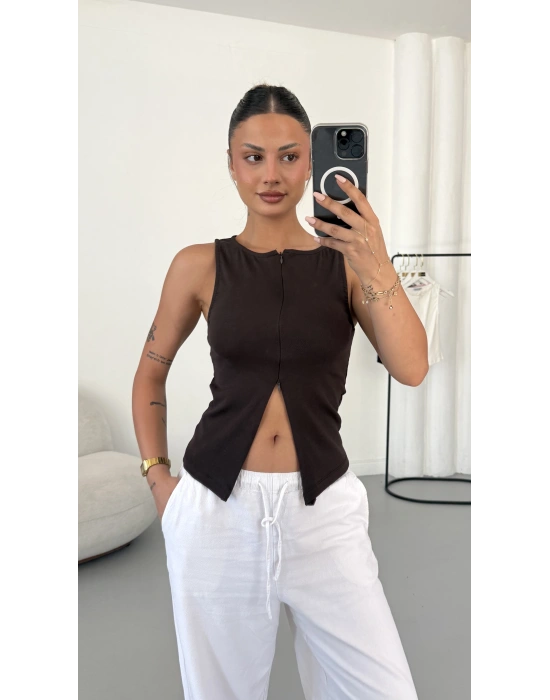 Avice Fermuarlı Crop - Kahve