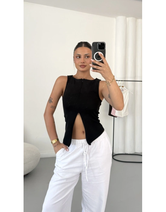 Avice Fermuarlı Crop - Siyah