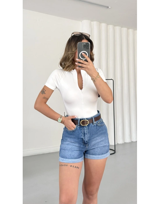 Avril Fermuarlı Bodysuit - Beyaz
