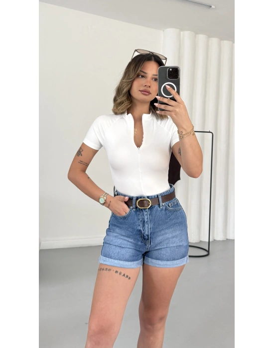 Avril Fermuarlı Bodysuit - Beyaz