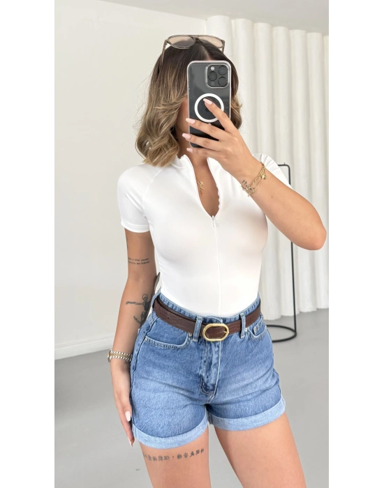Avril Fermuarlı Bodysuit - Beyaz
