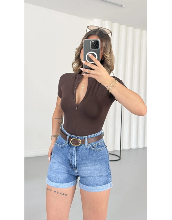 Avril Fermuarlı Bodysuit - Kahve