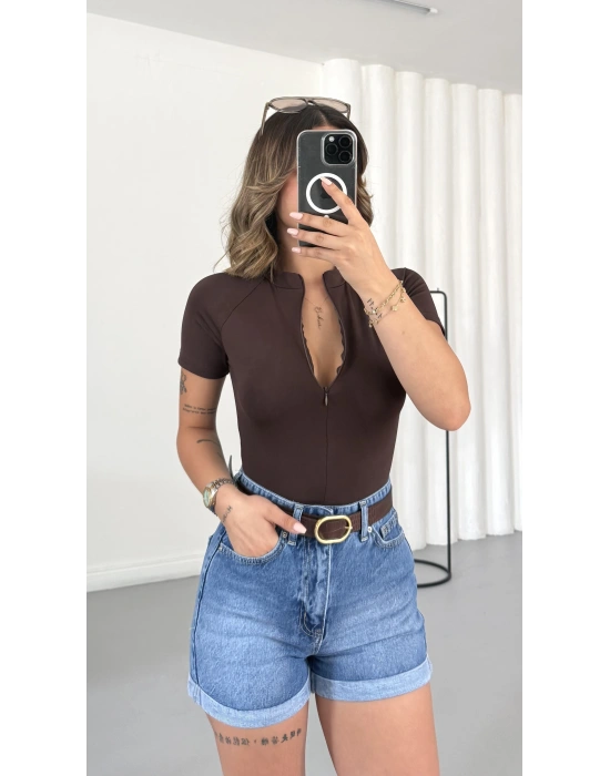 Avril Fermuarlı Bodysuit - Kahve