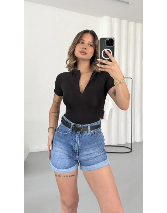 Avril Fermuarlı Bodysuit - Siyah