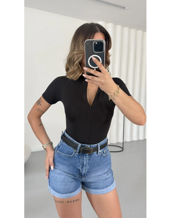 Avril Fermuarlı Bodysuit - Siyah