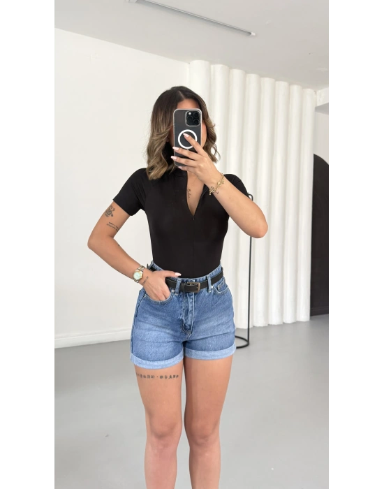 Avril Fermuarlı Bodysuit - Siyah