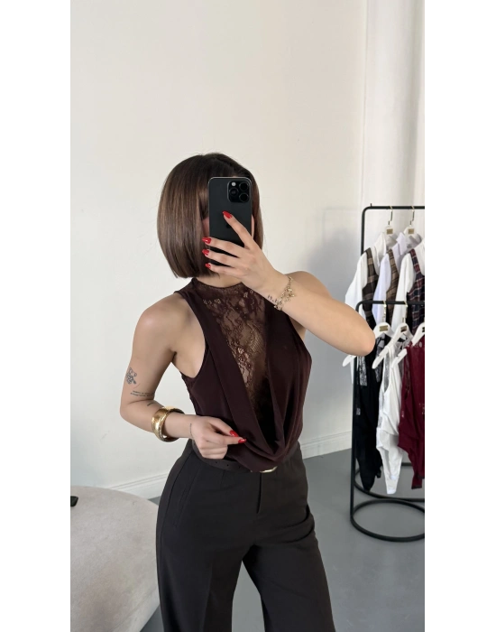 Baby Dantel Detay Bodysuit - Kahve