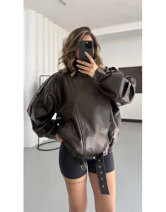 Bard Oversize Deri Ceket - Kahve