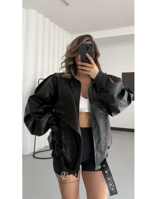 Bard Oversize Deri Ceket - Siyah