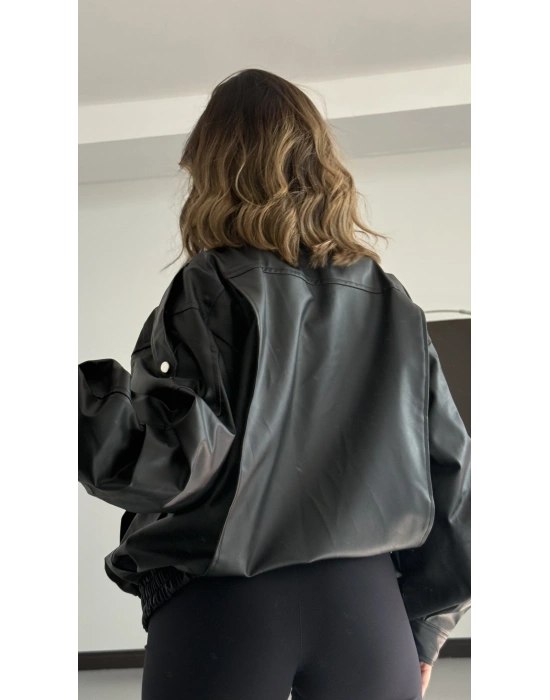 Bard Oversize Deri Ceket - Siyah