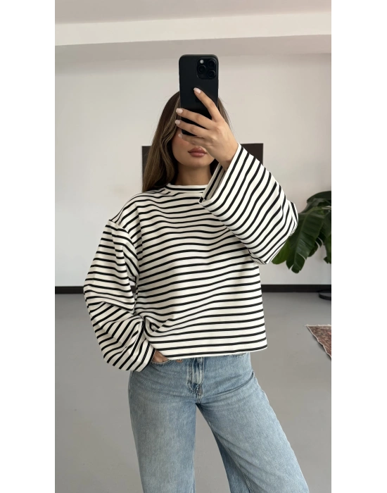 Basic Çizgili Tshirt- Siyah
