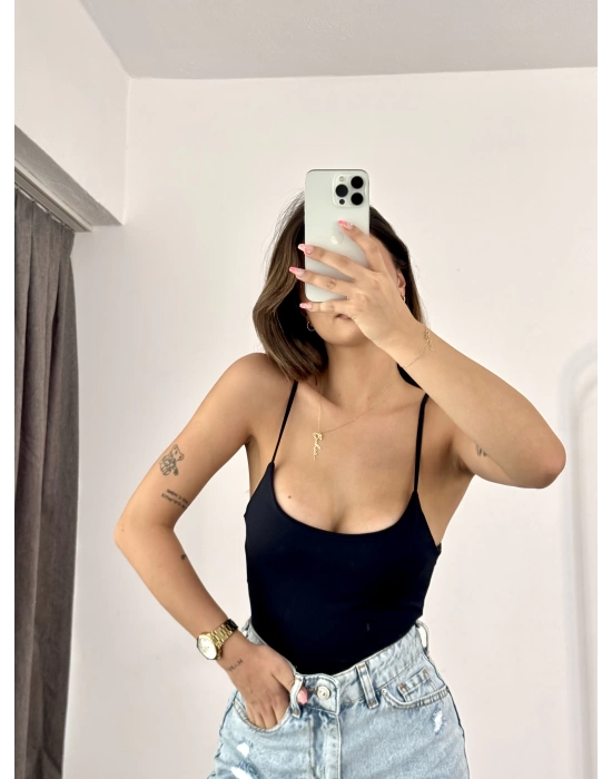 Basic İp Askılı Bodysuit - Siyah